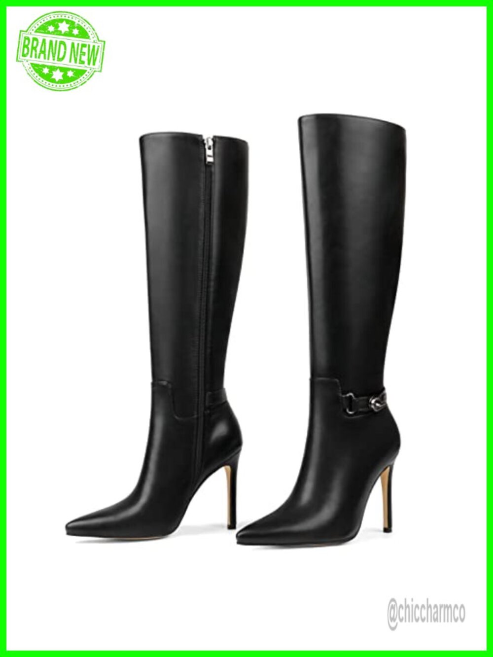 Knee High Boots Pointed Toe Stiletto Buckle Slouch Tall Boots Side Zipper Metal